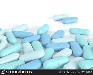 3d render of pills in three colors over white background with place for text