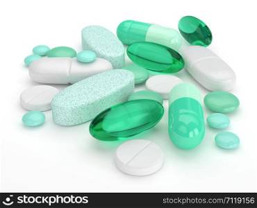 3d render of pills, tablets and capsules over white background
