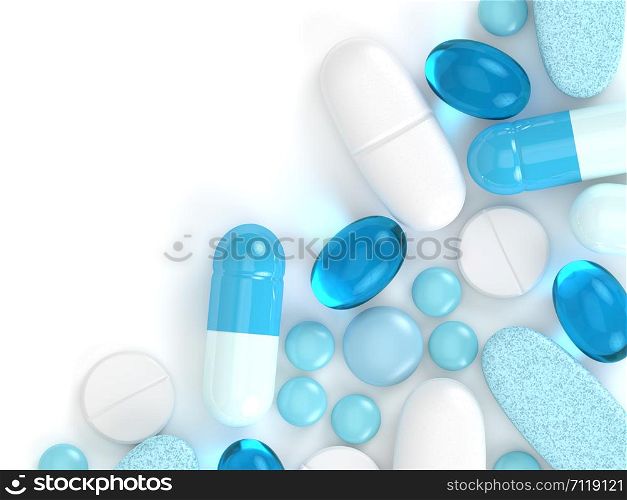 3d render of pills, tablets and capsules over white background with place for text