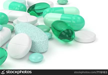3d render of pills, tablets and capsules over white background with place for text