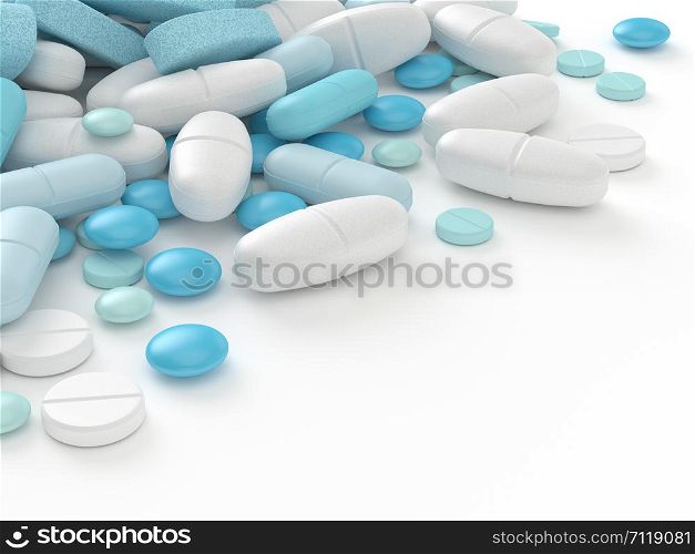 3d render of pills, tablets and capsules with place for text