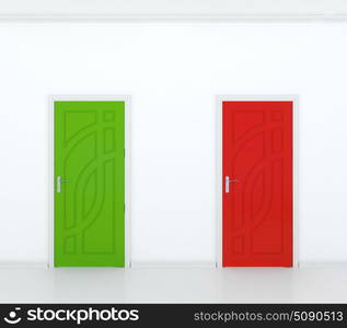 3D render of red and green door in white wall - contrast.