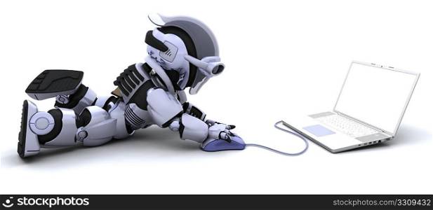 3D render of robot with a laptop and mouse