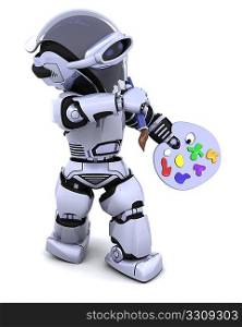 3D render of robot with a pallette and paint brush
