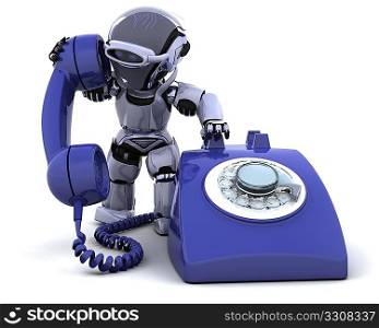 3D render of robot with a traditional telephone