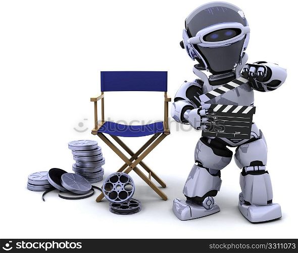 3D render of robot with clapper boards and film reels