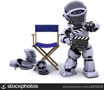 3D render of robot with clapper boards and film reels