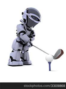 3D render of robot with club playing golf