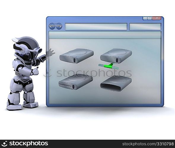 3D render of robot with computer window and drive icons