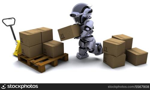 3D render of Robot with Shipping Boxes