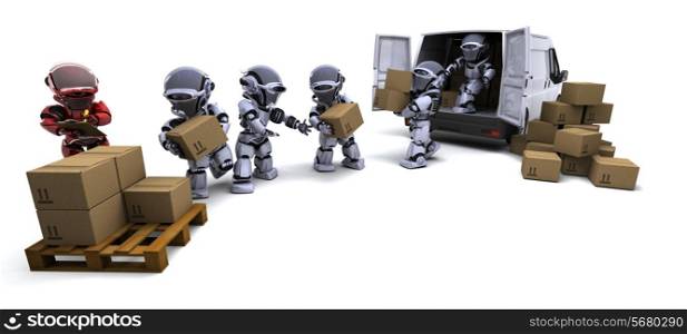3D render of Robot with Shipping Boxes loading a van