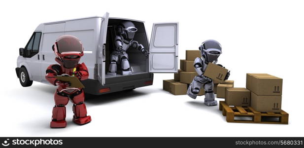 3D render of Robot with Shipping Boxes loading a van