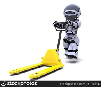 3D render of Robot with yellow pallet truck