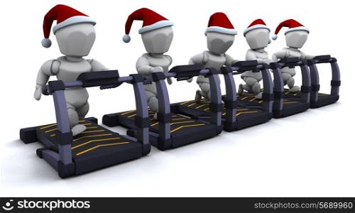 3D render of santas on treadmills