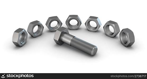 3D render of seven screws around the bolt isolated on white background