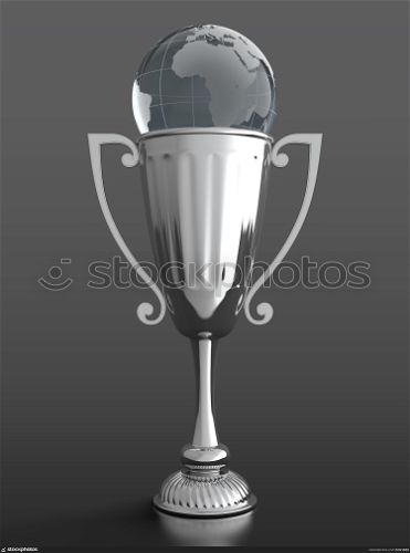 3D render of silver trophy cup with glass globe on black background