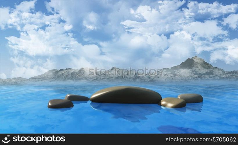 3D render of smooth rocks in the sea against a blue cloudy sky mountains in the background