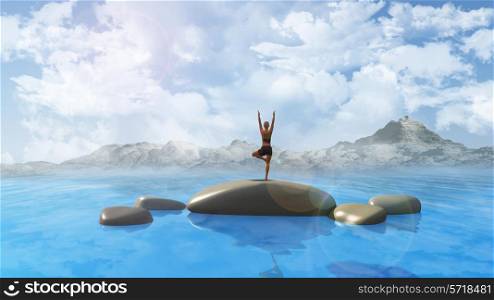 3D render of smooth rocks in the sea against a blue cloudy sky with a female in the yoga position