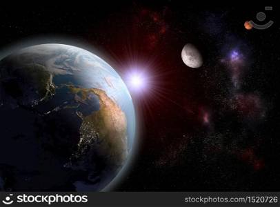 3D render of the alignment of The Earth, The Moon and Mars