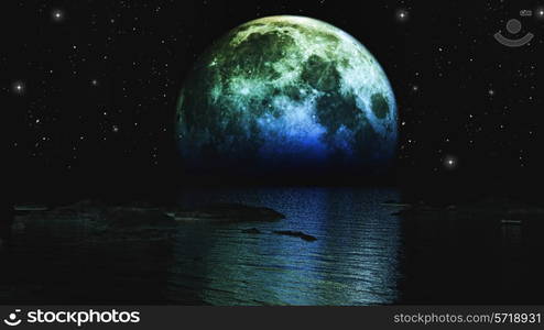 3D render of the moon setting over the sea