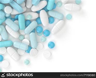 3d render of top view of pills, tablets and capsules over white background with place for text