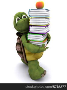 3D render of Tortoise with school book and apple