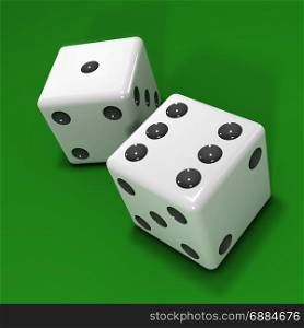 3d render of two white dice on green background