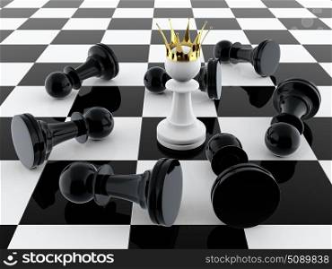 3D render of white pawn with golden crown defeating enemy