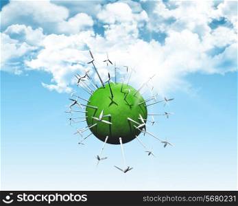 3D render of wind turbines on a grassy globe against a sunny blue sky