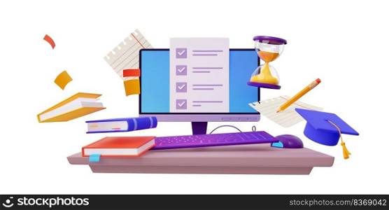 3d render online education, survey, test concept with computer monitor on desk with check list on screen, academic cap, textbooks, hourglass, pencil and papers, Cartoon Illustration in plastic style. 3d render online education, survey, test concept