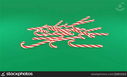 3D Render. Peppermint candy canes falling down slowly on green background. Candy cane caramels fall spin and rotate. Xmas and New Year&rsquo;s holiday concert. 3D Render. Candy cane caramels fall spin and rotate. Xmas and New Year&rsquo;s holiday concert