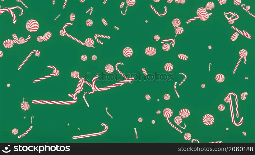 3D Render. Peppermint candy canes falling down slowly on green background. Candy cane caramels fall spin and rotate. Xmas and New Year&rsquo;s holiday concert. 3D Render. Candy cane caramels fall spin and rotate. Xmas and New Year&rsquo;s holiday concert