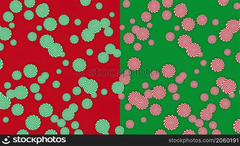 3D Render. Peppermint candy canes on green and red christmas background. Xmas and New Year&rsquo;s holiday concert. 3D Render. Peppermint candy canes on green and red christmas background