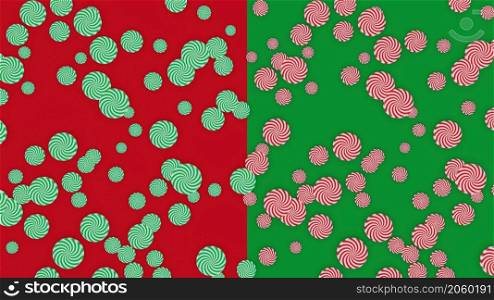 3D Render. Peppermint candy canes on green and red christmas background. Xmas and New Year&rsquo;s holiday concert. 3D Render. Peppermint candy canes on green and red christmas background