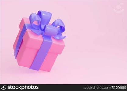 3D render pink gift box with purple ribbon, Isolated package with glossy violet bow on pastel background. Holiday present, bouns, prize, birthday, christmas or wedding surprise, Realistic illustration. 3D render pink gift box with purple ribbon, prize