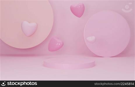 3d render. Pink heart and podium stand to show product display on pastel color background. Abstract minimal geometric shapes backdrop for valentine day design composition.