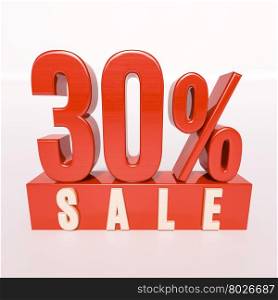 3d render: red 30 percent, percentage discount sign on white, 30% off, Illustration for sale actions