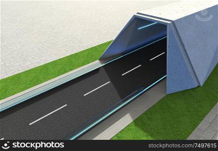 3d Render road with tunnel and greenfield , top angle aerial view .