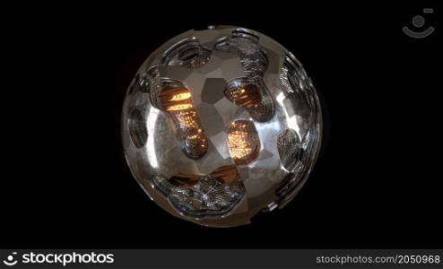 3D Render. Sci-fi object with glowing energy at center. Rotation metal sphere with chaotic structure. Futuristic shape. 3D Render. Sci-fi object with glowing energy at center. Rotation metal sphere with chaotic structure