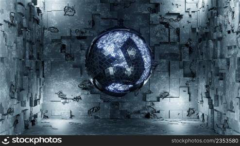 3D Render. Sci-fi object with glowing energy at center. Rotation metal sphere with chaotic structure. Futuristic shape against the background of old concrete. 3D Render. Sci-fi object with glowing energy at center. Rotation metal sphere