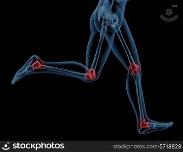 3D render showing the legs of a medical skeleton running with pressure points highlighted