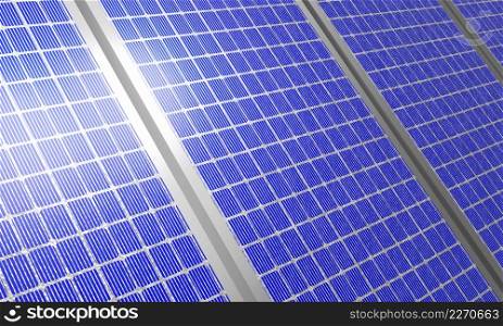 3D render solar Panels close-up. Alternative energy. Concept of renewable energy. Ecological, clean energy.