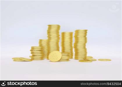 3D render , Stack of gold coin bar currency market financial or investment money banking treasure wealth cash and golden dollar pile on white background . Concept business earnings profit.
