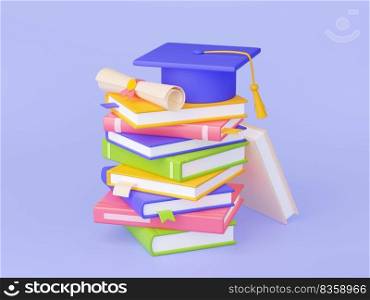 3d render student graduation, education in school, col≤≥or university digital concept withπ≤of books, certificate scroll and academic bachelor hat on top, Illustration in cartoon plastic sty≤. 3d render student graduation, education in school