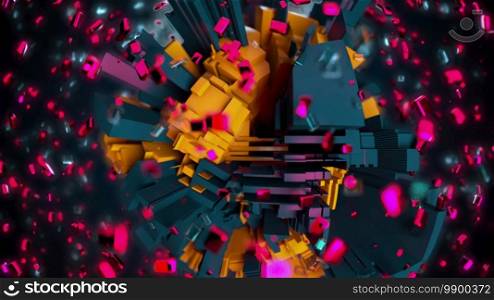 3d render technology background. Complicated abstract sphere with geometric constructions surrounded by flying particles, computer generated. 3d render technology background. Complicated abstract sphere with geometric constructions surrounded by many particles, computer generated