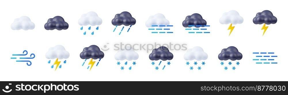 3d render weather icons set, clouds with lightnings and snow or rain. Wind or fog forecast elements for web design. Cartoon illustration in plastic minimal style, isolated objects on white background. 3d render weather icons, clouds with lightnings