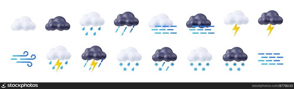 3d render weather icons set, clouds with lightnings and snow or rain. Wind or fog forecast elements for web design. Cartoon illustration in plastic minimal style, isolated objects on white background. 3d render weather icons, clouds with lightnings