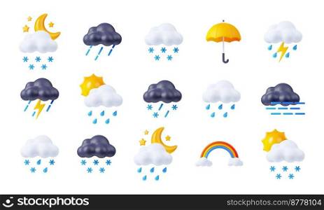3d render weather icons set, day or night elements. Sun shining, clouds, lightnings, snow or rain, rainbow and umbrella. Cartoon illustration in plastic minimal style isolated on white background. 3d render weather icons set, day or night elements