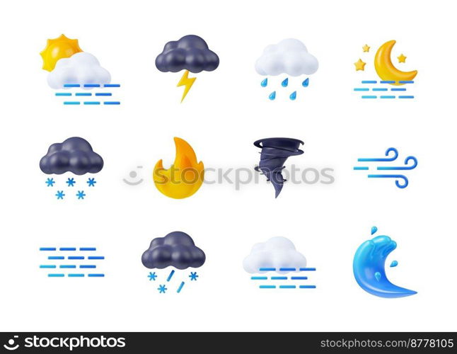 3d render weather icons set, sun, clouds, fog, lightnings and snow or rain. Day and night, fire, tornado or tsunami with strong wind forecast elements. Cartoon illustration in plastic minimal style. Render weather icons sun, clouds, fog and snow