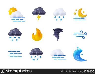 3d render weather icons set, sun, clouds, fog, lightnings and snow or rain. Day and night, fire, tornado or tsunami with strong wind forecast elements. Cartoon illustration in plastic minimal style. Render weather icons sun, clouds, fog and snow